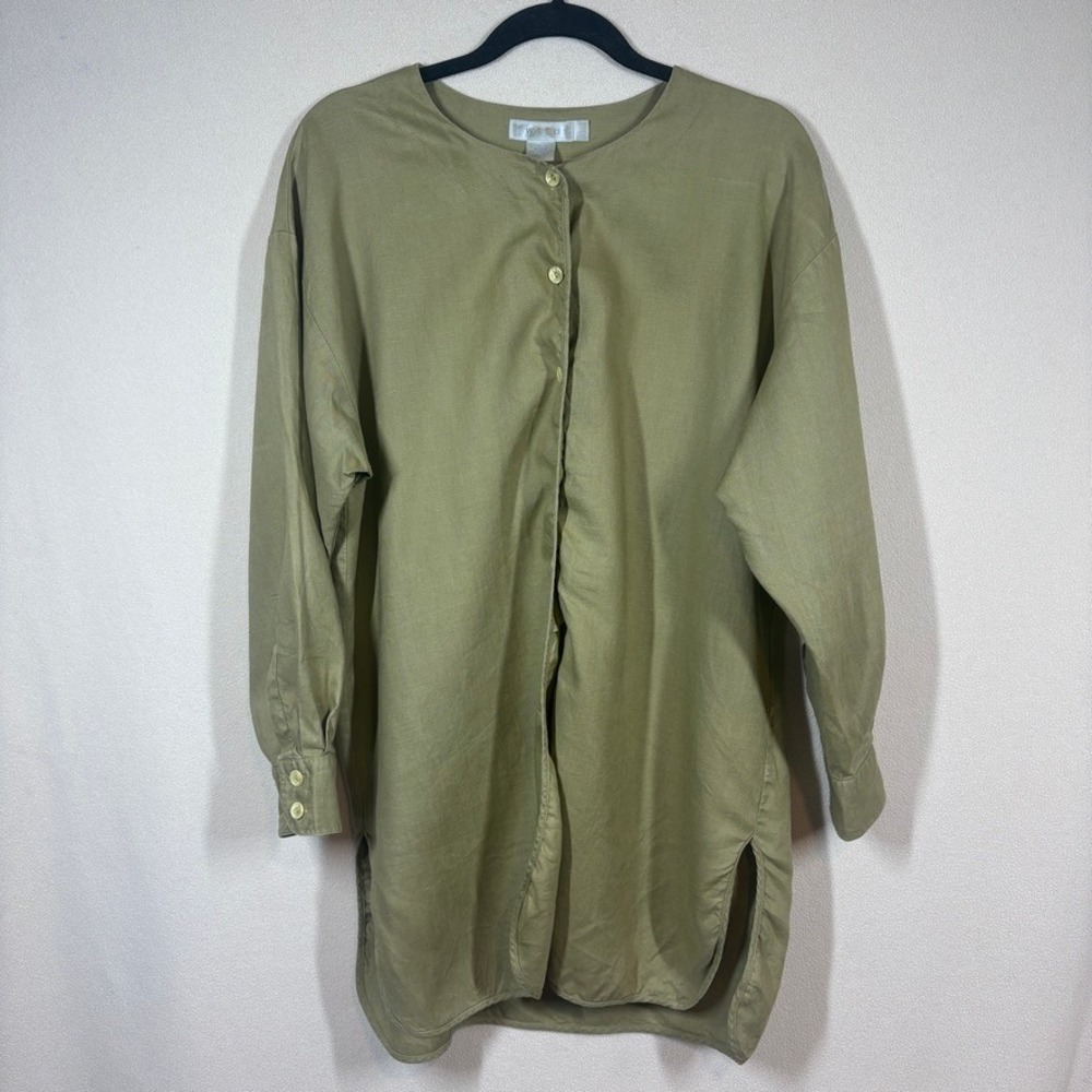 Vtg Tweeds Womens Linen Button Up Top Large Olive Oversized Lagenlook Minimalist